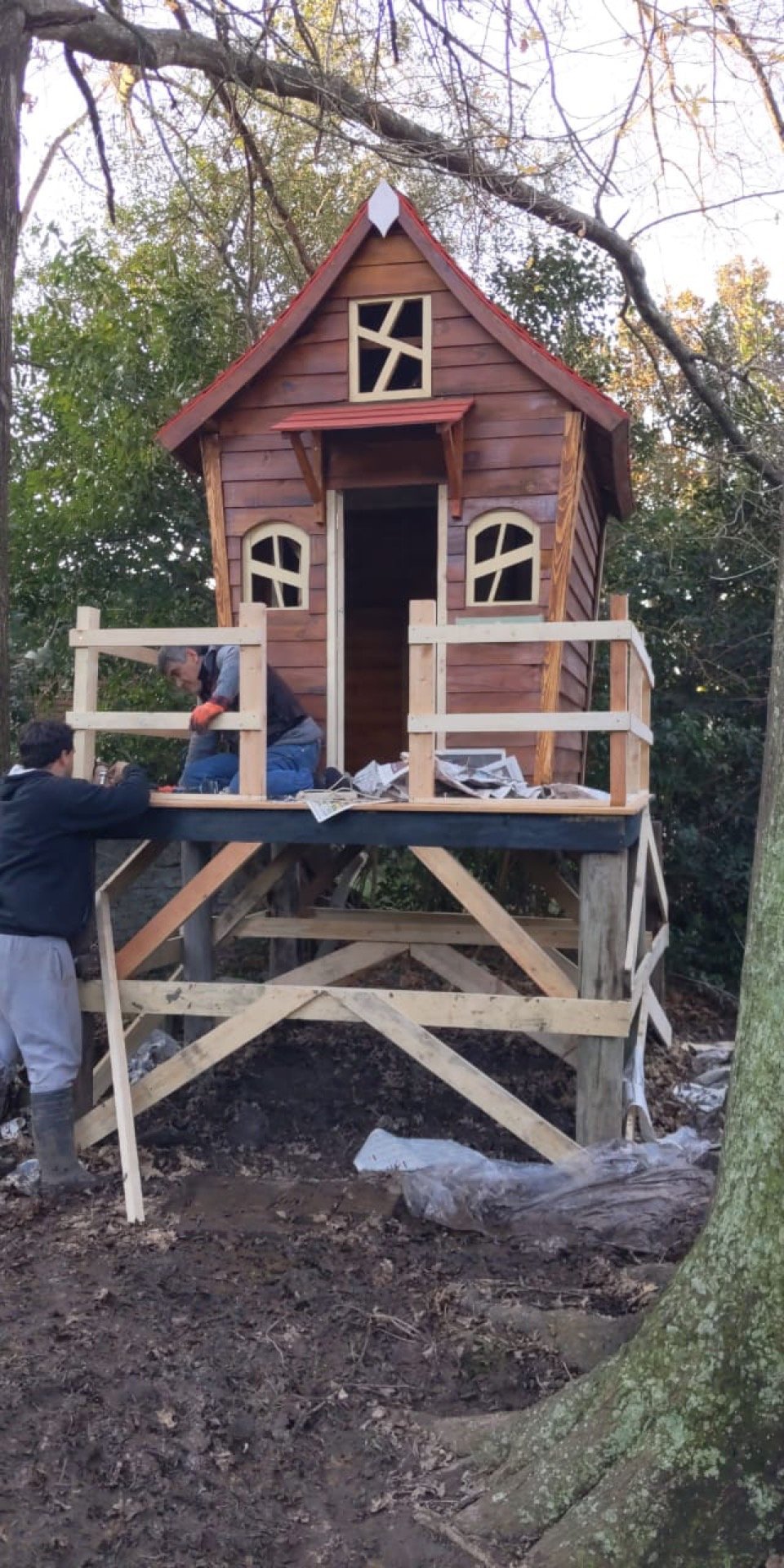 Carpintero armando la plataforma elevada de una casita sobre pilotes